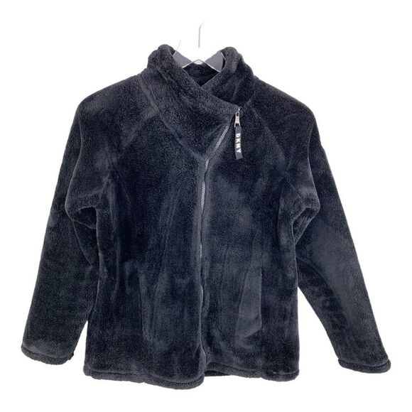 DKNY Sport Black Faux Fur Asymmetrical Moto Bomber Jacket Bling Logo Large - Picture 1 of 16